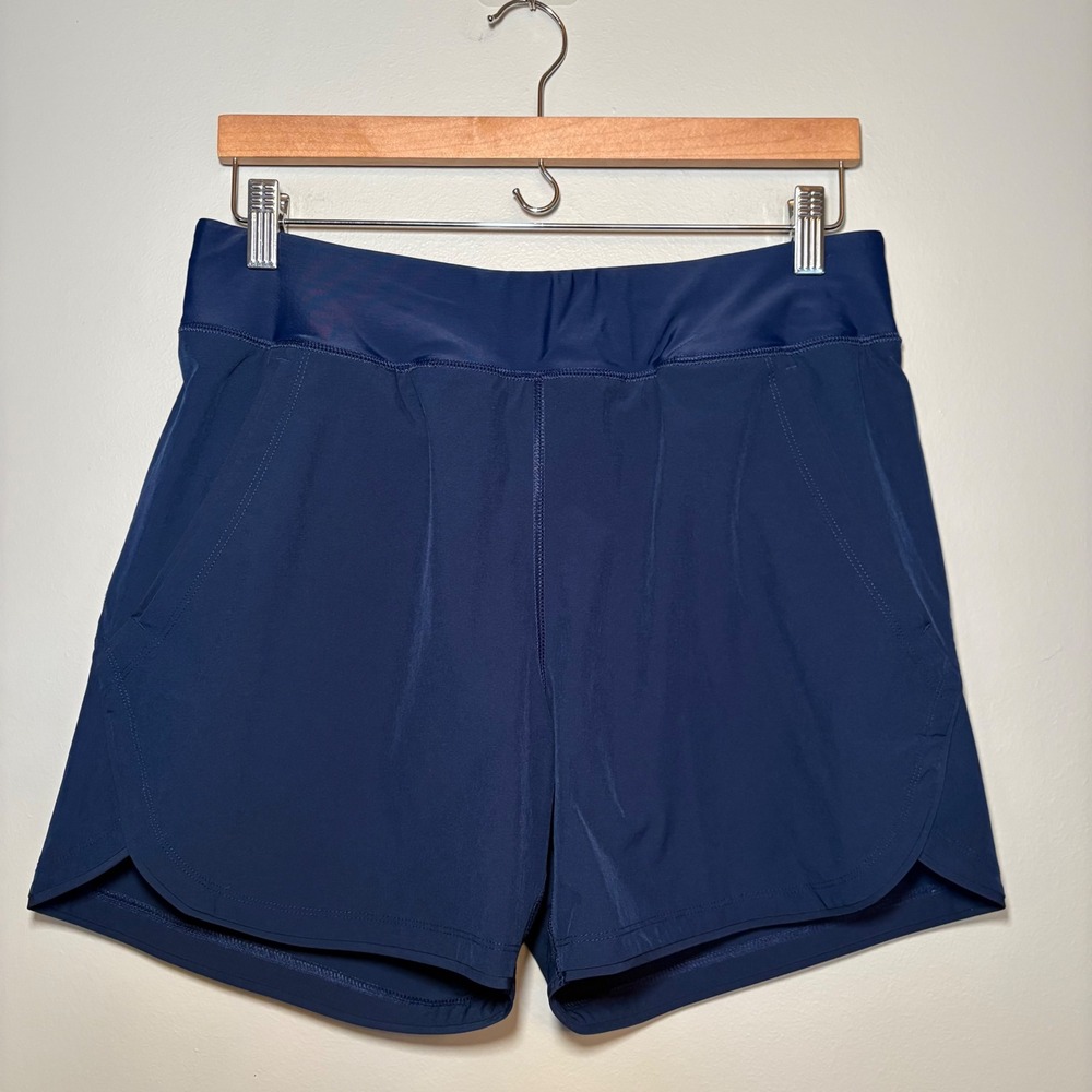 Lands End Navy Blue Active Shorts Womens 10 Athletic Running Pockets Tulip Hem
